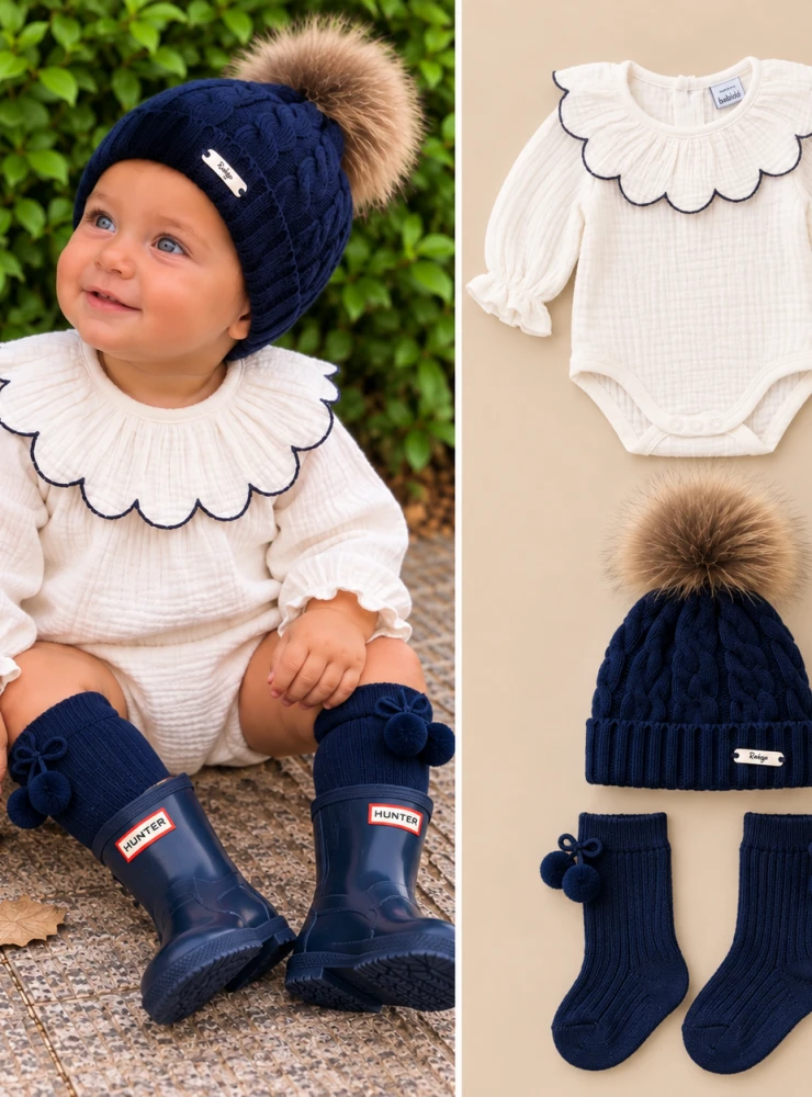 Look bebé blanco y azul marino con gorrito y calzas