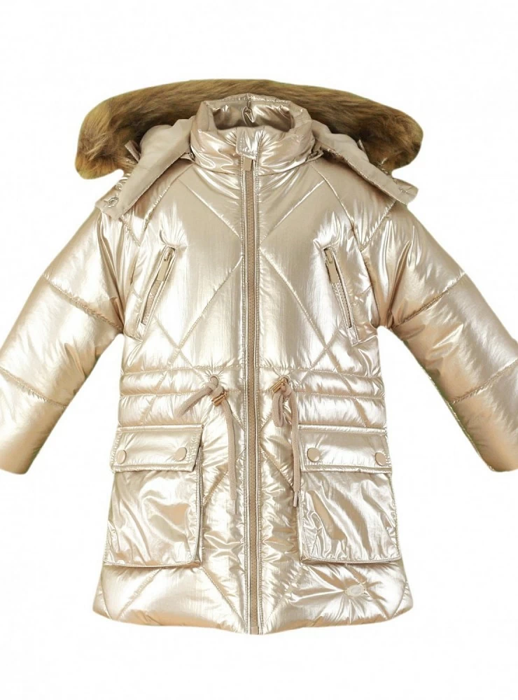 Metallic coat for girls with fur hood.