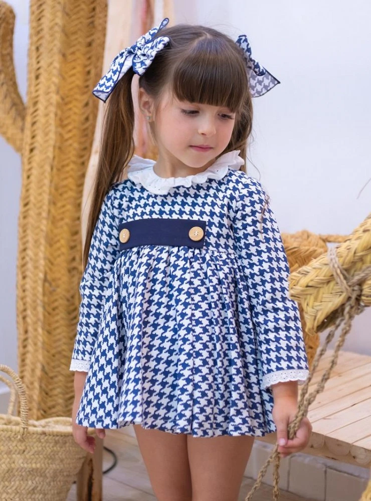 Mon Petit Bonbon royal blue houndstooth baby girl dress