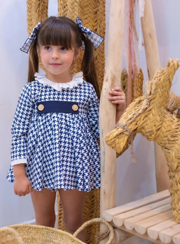 Mon Petit Bonbon royal blue houndstooth baby girl dress