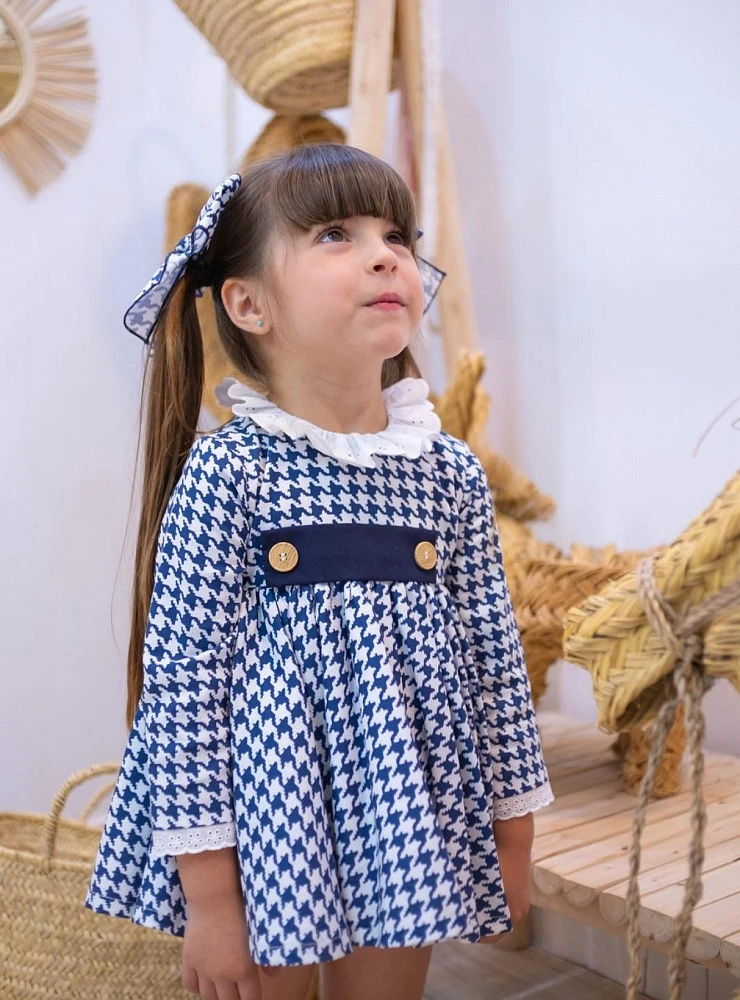 Mon Petit Bonbon royal blue houndstooth baby girl dress