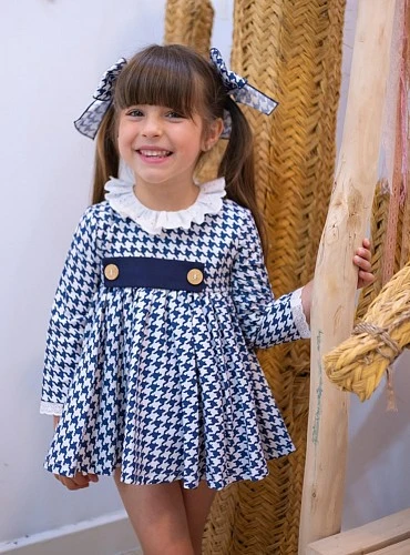 Mon Petit Bonbon royal blue houndstooth baby girl dress