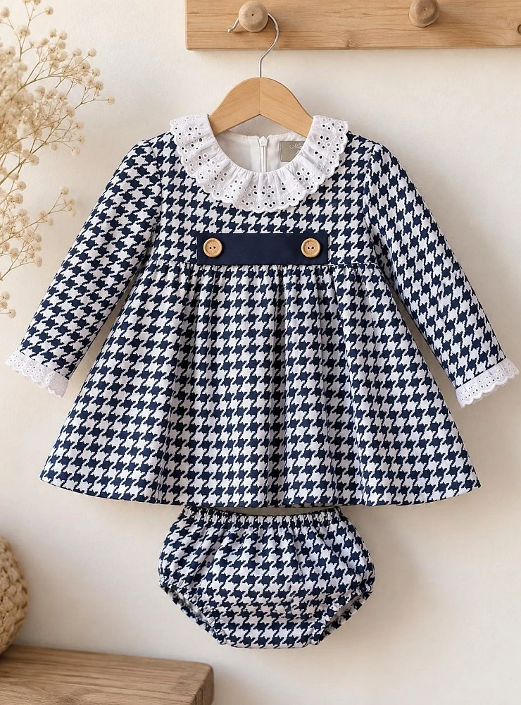 Mon Petit Bonbon royal blue houndstooth baby girl dress
