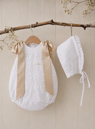 Mother-of-pearl ceremonial romper with detachable bonnet and bows