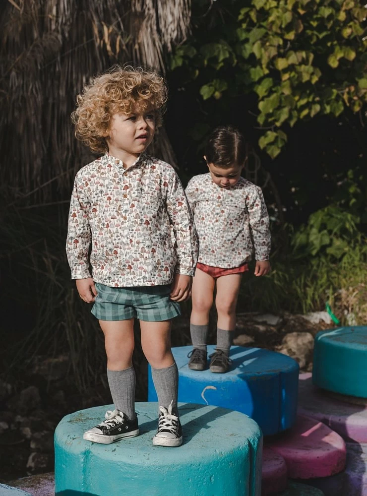 Mushroom shirt and green gingham pants set by José Varon