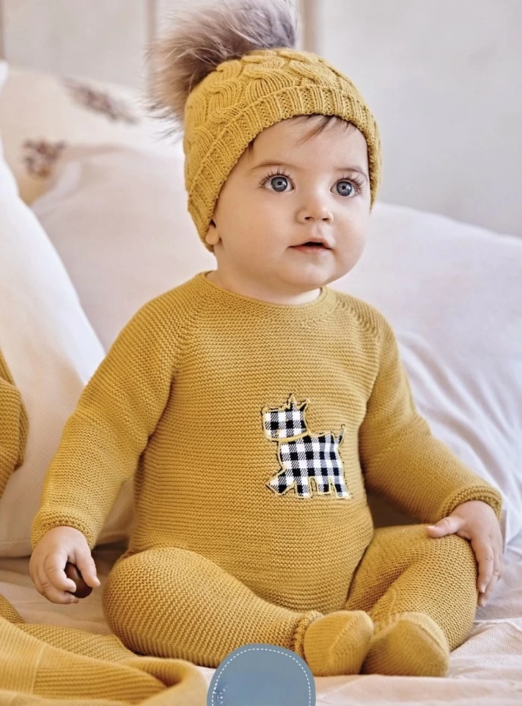 Mustard color unisex romper with vichy dog