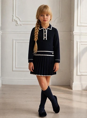 Navy blue fine knit dress for girls with pleated skirt