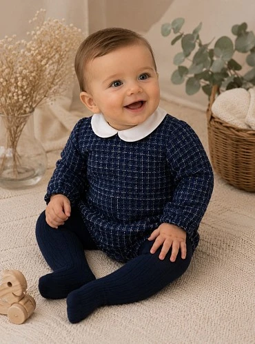 Navy blue romper for boys with Peter Pan collar