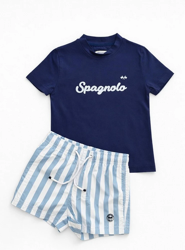 Navy t-shirt and striped swimsuit set