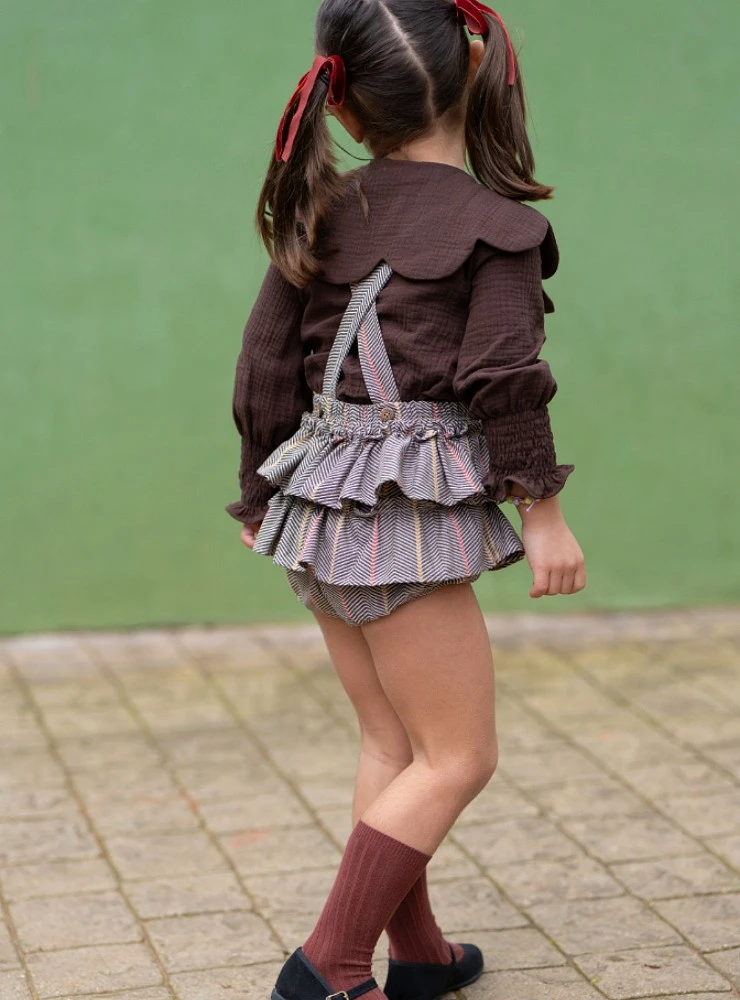 Nuez collection girl's outfit with pinafore dress and muslin blouse