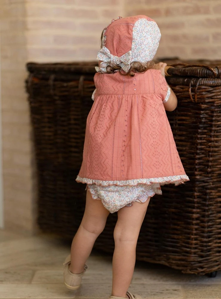 Olive collection dress set with bonnet and bloomers