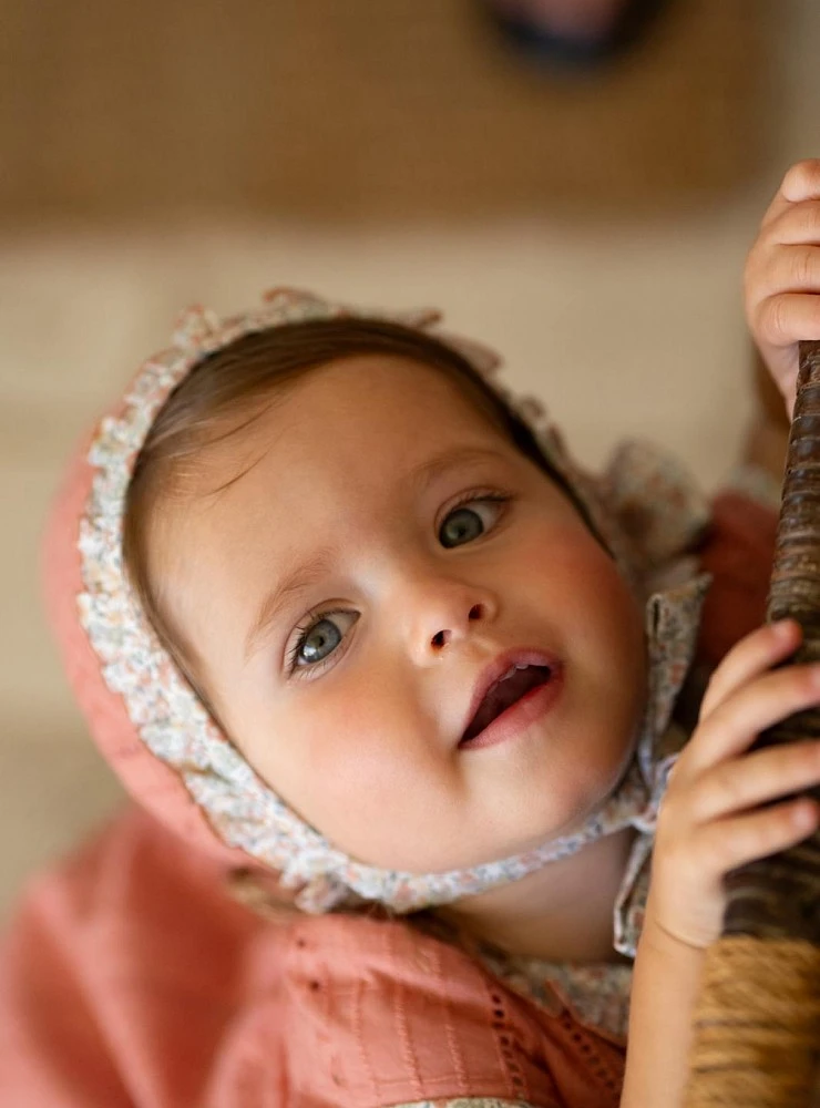 Olive collection dress set with bonnet and bloomers