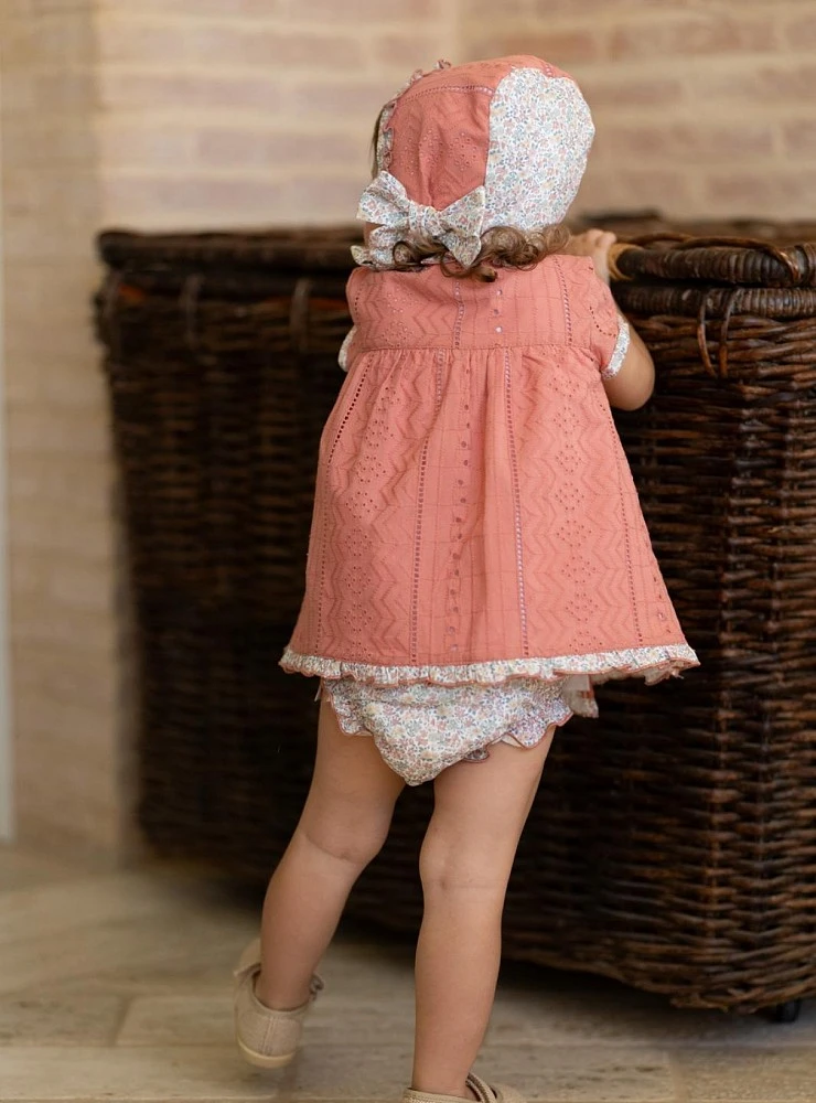 Olive collection dress set with bonnet and bloomers