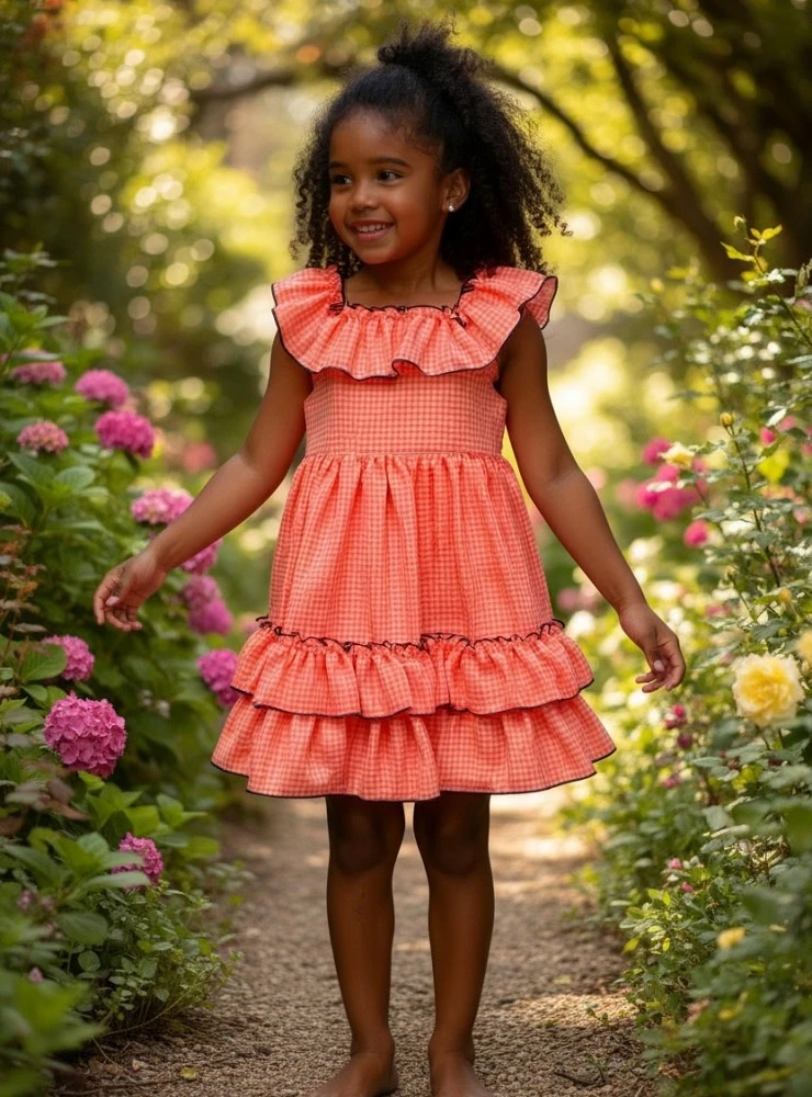 Orange gingham dress with purple trim