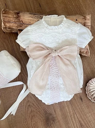 Organza romper and bonnet set with linen bow. Short sleeve