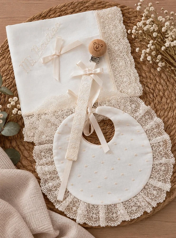 Pack bautizo unisex babero, chupetero y pañuelo beige