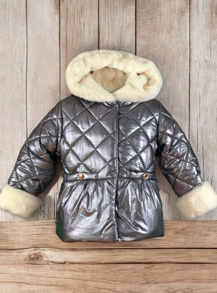 Parka para niña gris metalizada con pelo en crudo