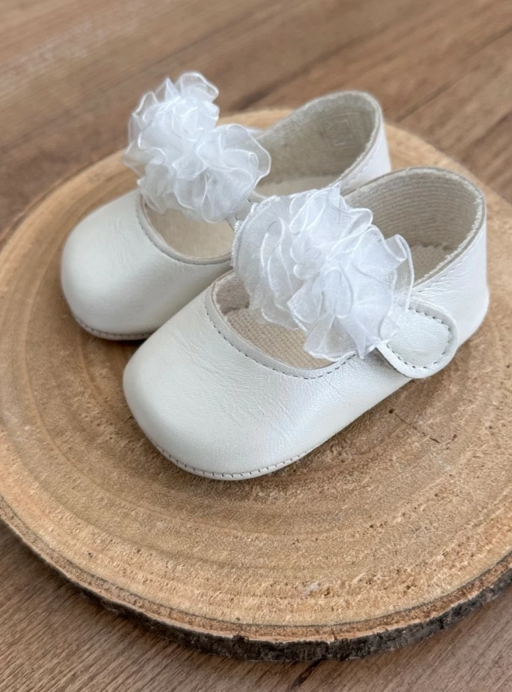 Pearly Mary Janes with organza flowers