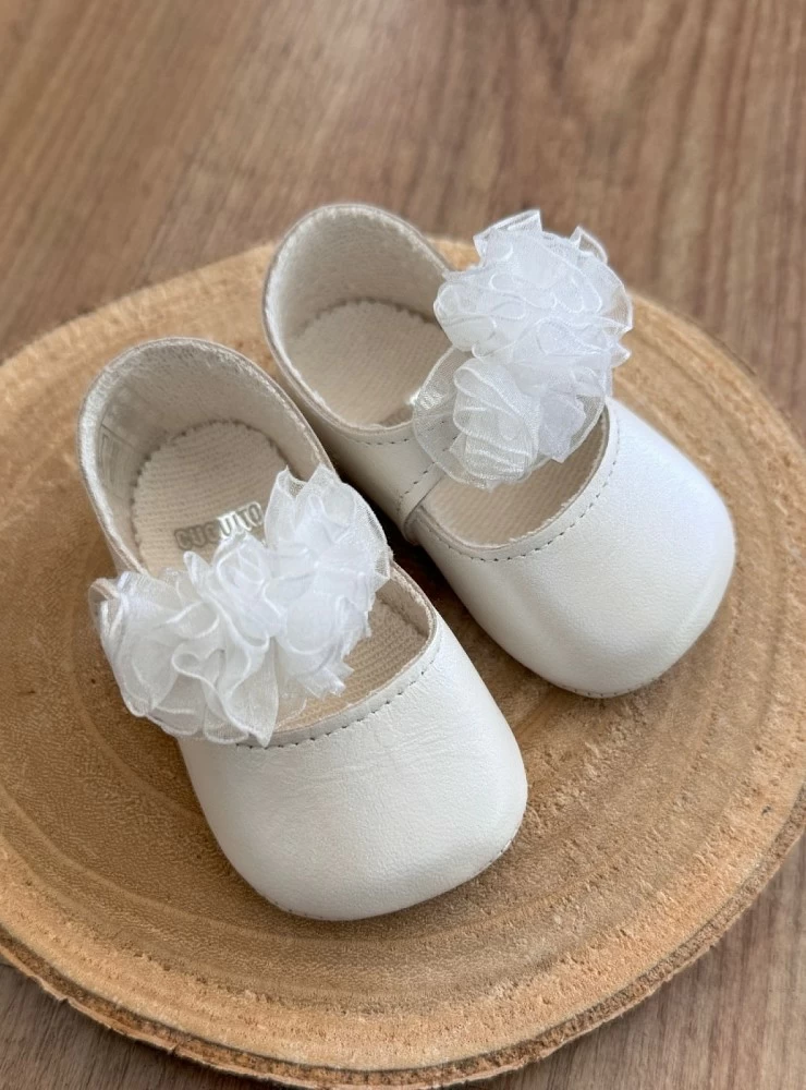 Pearly Mary Janes with organza flowers