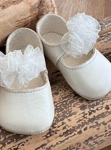 Pearly Mary Janes with organza flowers