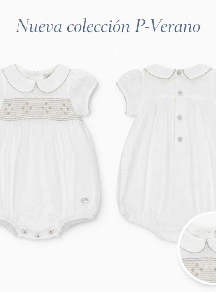 Pelele para niño beige con punto smock colección Quebec