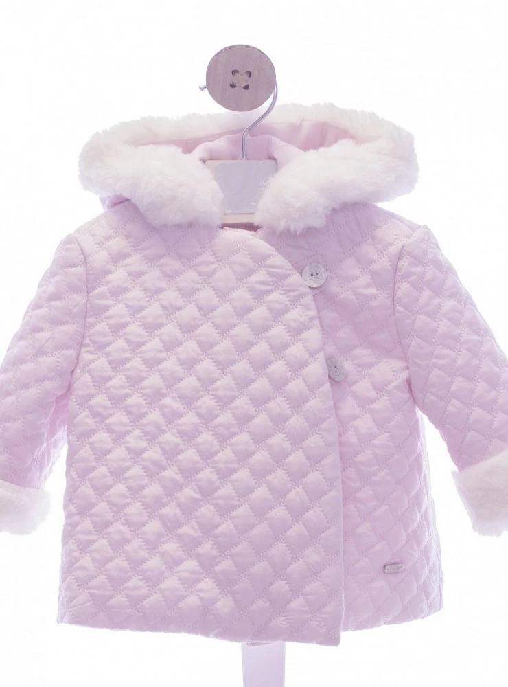 Pink quilted jacket with beige hair. O-Winter