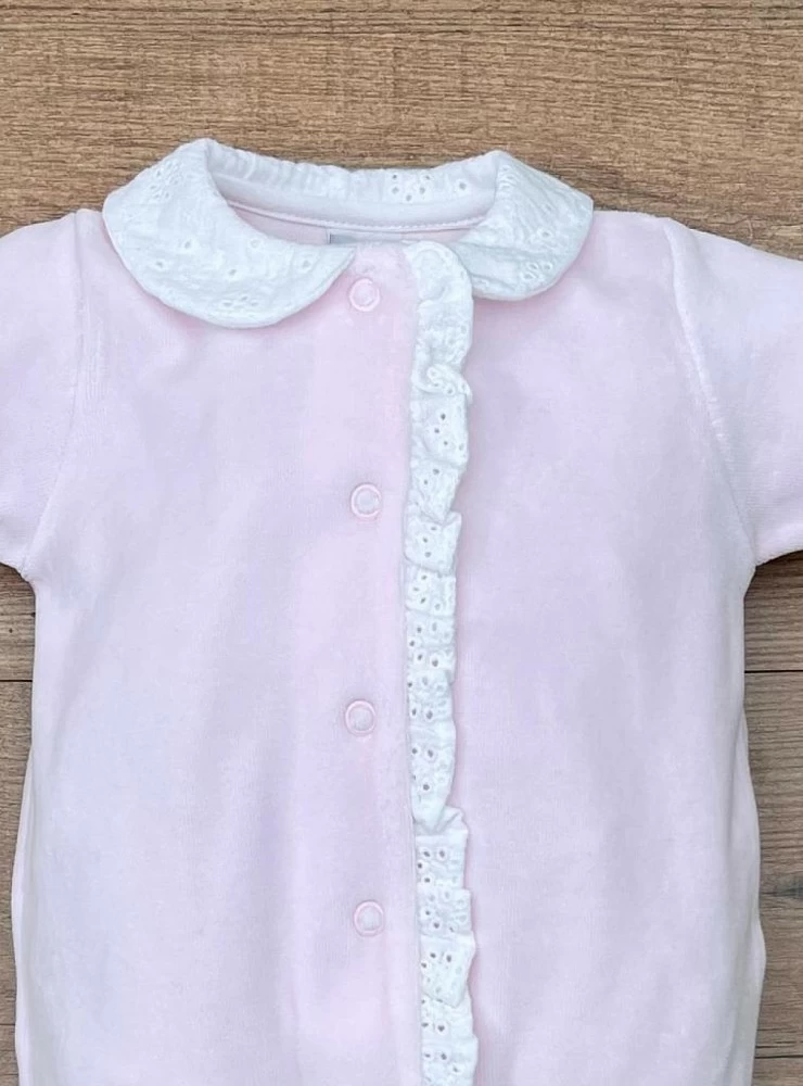 Pink tundosado romper with white embroidered cambric.