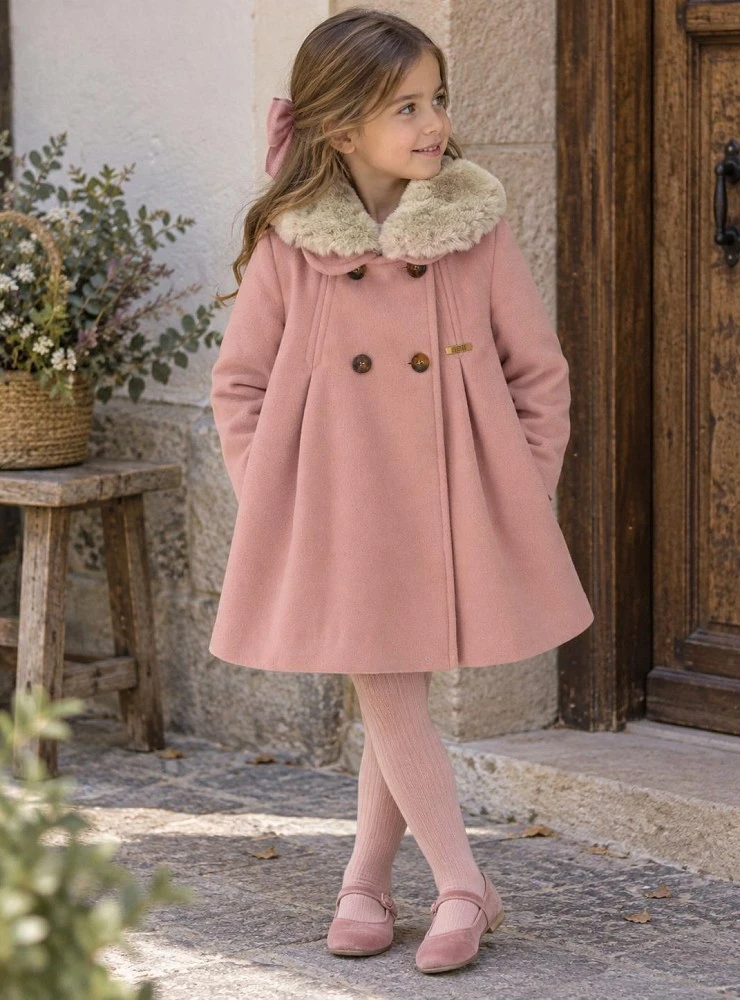 Pink wool-blend coat for girls with a detachable fur collar