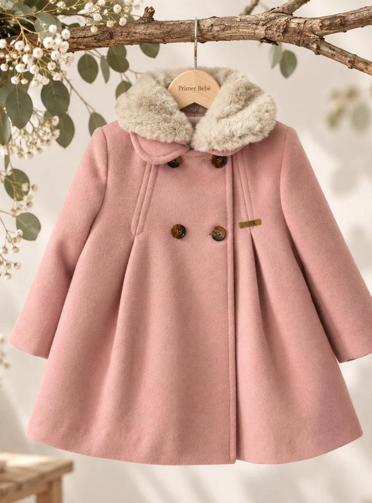 Pink wool-blend coat for girls with a detachable fur collar