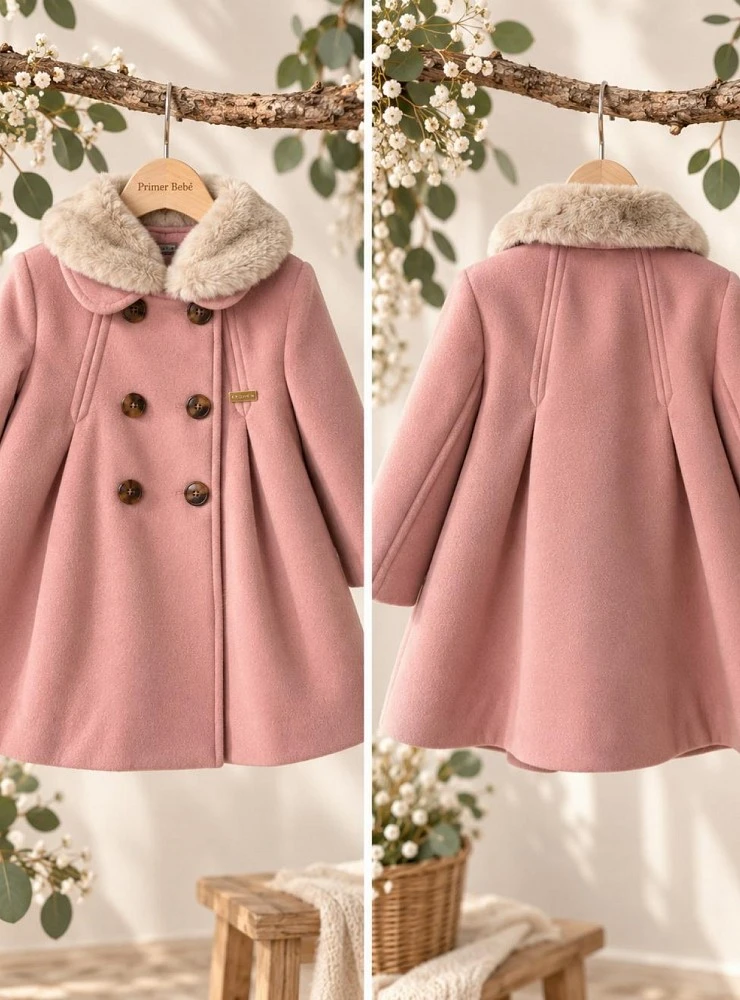 Pink wool-blend coat for girls with a detachable fur collar