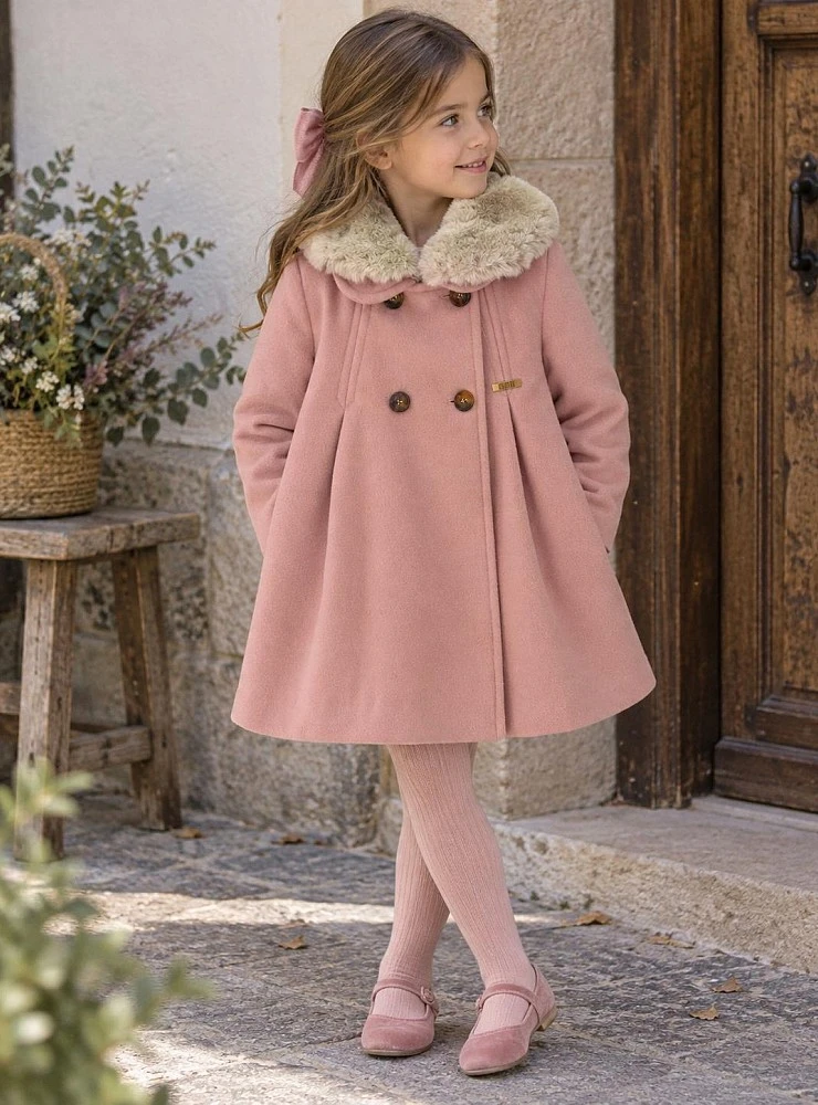 Pink wool-blend coat for girls with a detachable fur collar