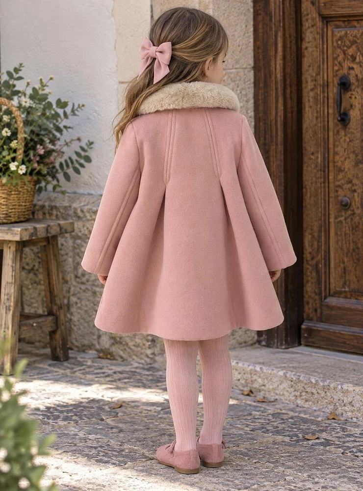 Pink wool-blend coat for girls with a detachable fur collar