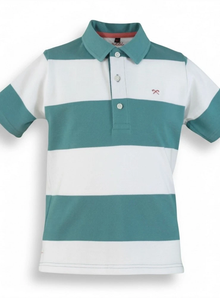 Polo shirt for boys in turquoise and white stripes.