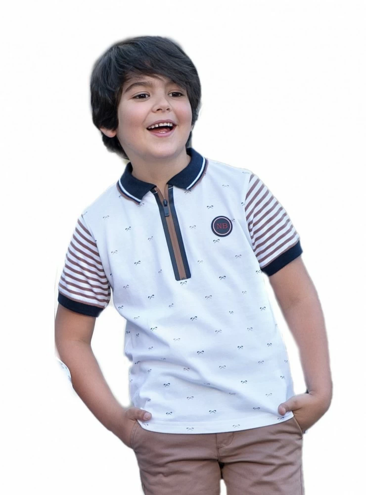 Polo shirt for children in white with brown and navy tones