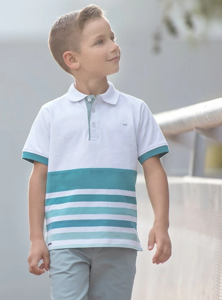 Polo shirt for children in white with turquoise and dry green.