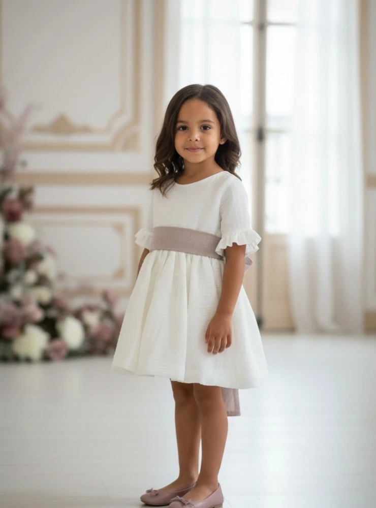 Raw cotton chiffon dress with three-quarter sleeves. Two-tone bow