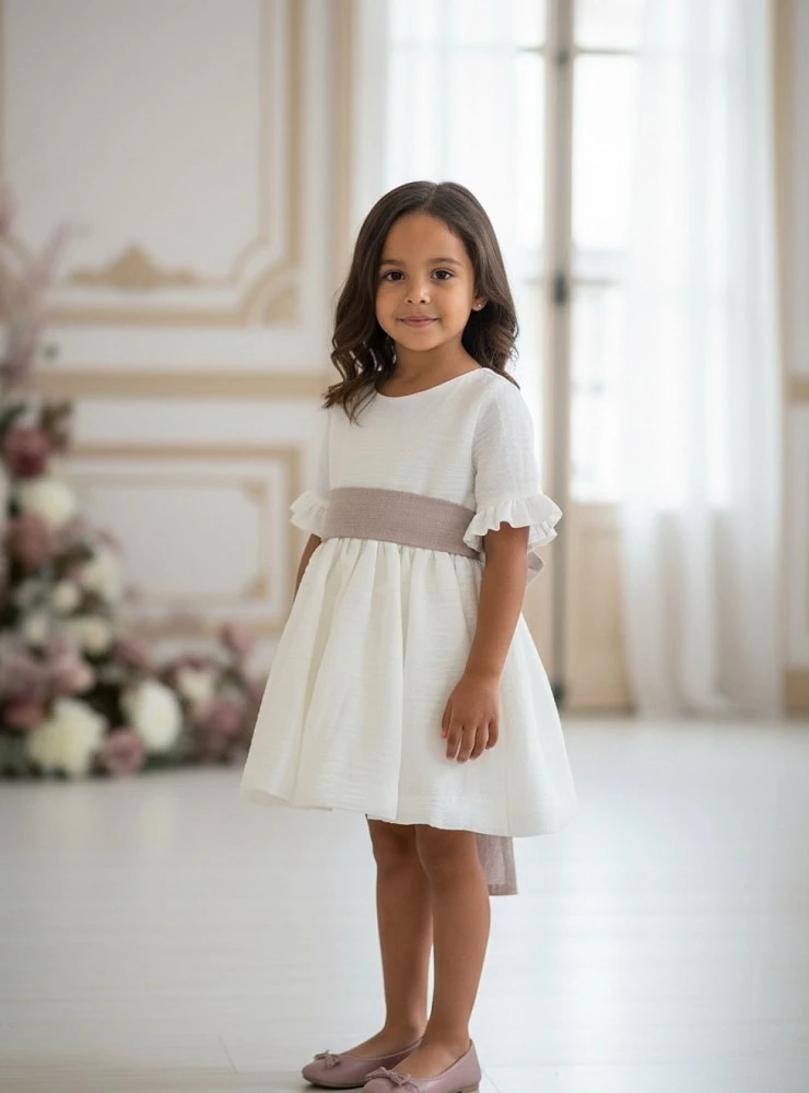 Raw cotton chiffon dress with three-quarter sleeves. Two-tone bow