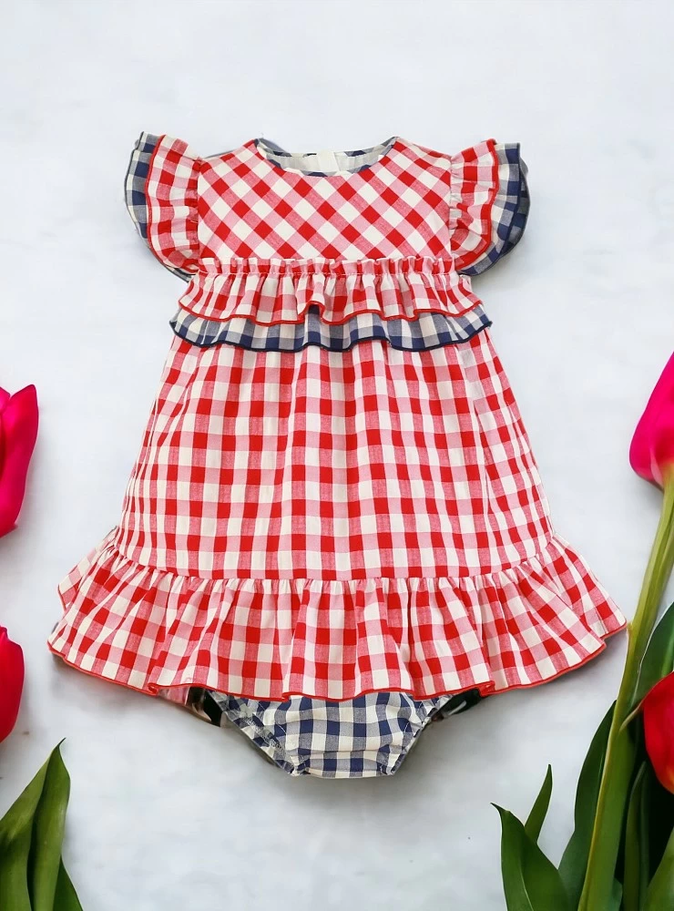 Red and navy gingham dress and panty