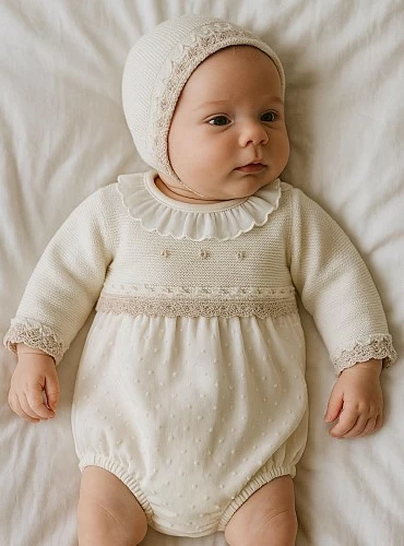 Romper and bonnet set for Baptism.