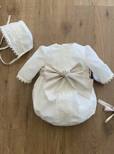 Romper and bonnet set in embroidered tulle with linen bow.