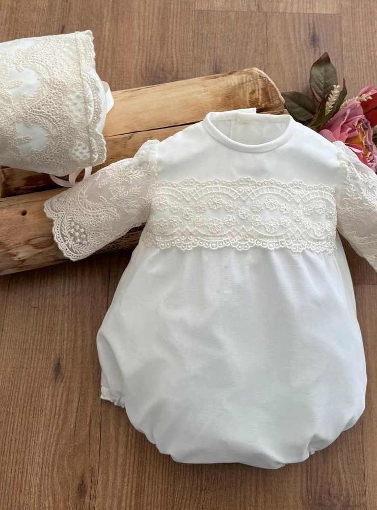 Romper and hood for baptism Tulips Collection