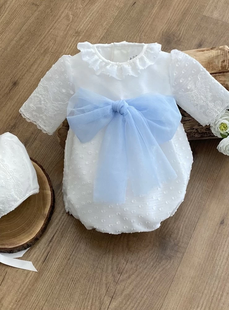 Romper and hood set in plumeti with light blue tulle bow