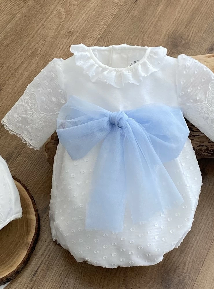 Romper and hood set in plumeti with light blue tulle bow