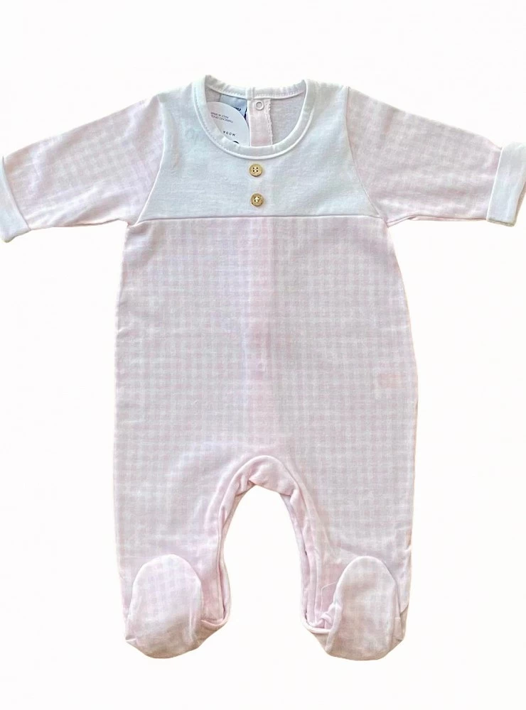 Romper or pajamas with a gingham check. Pink or blue.