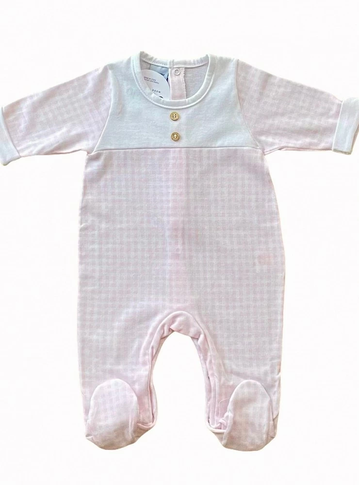 Romper or pajamas with a gingham check. Pink or blue.