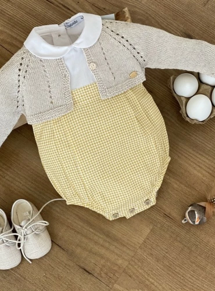 Romper with yellow or green gingham check with option of jacket and shoe.