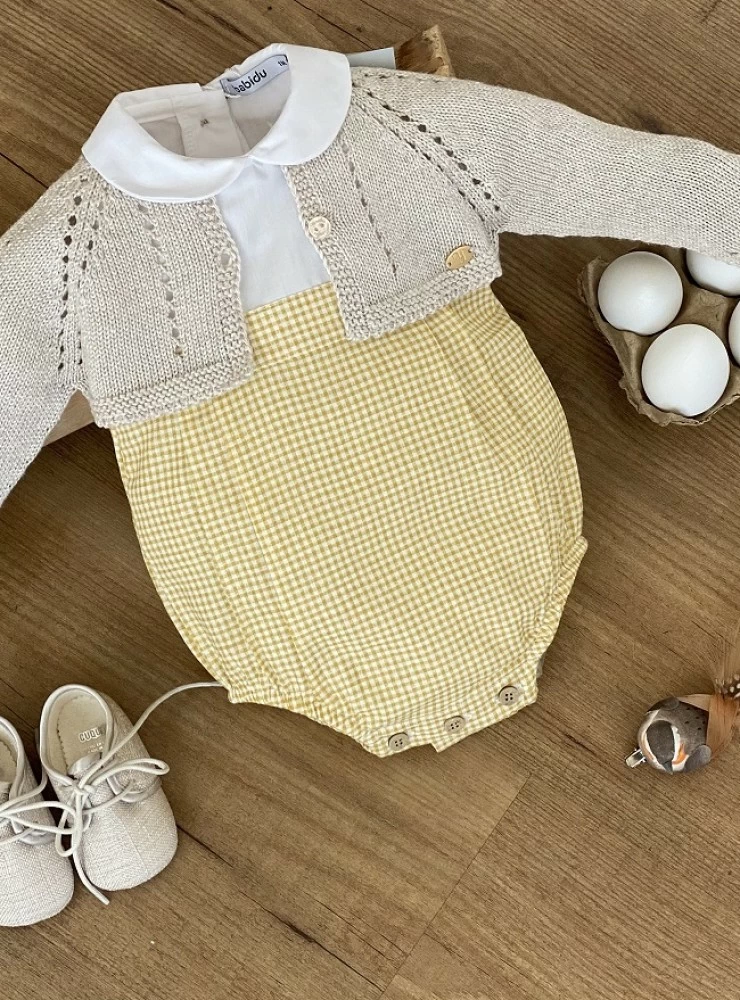Romper with yellow or green gingham check with option of jacket and shoe.