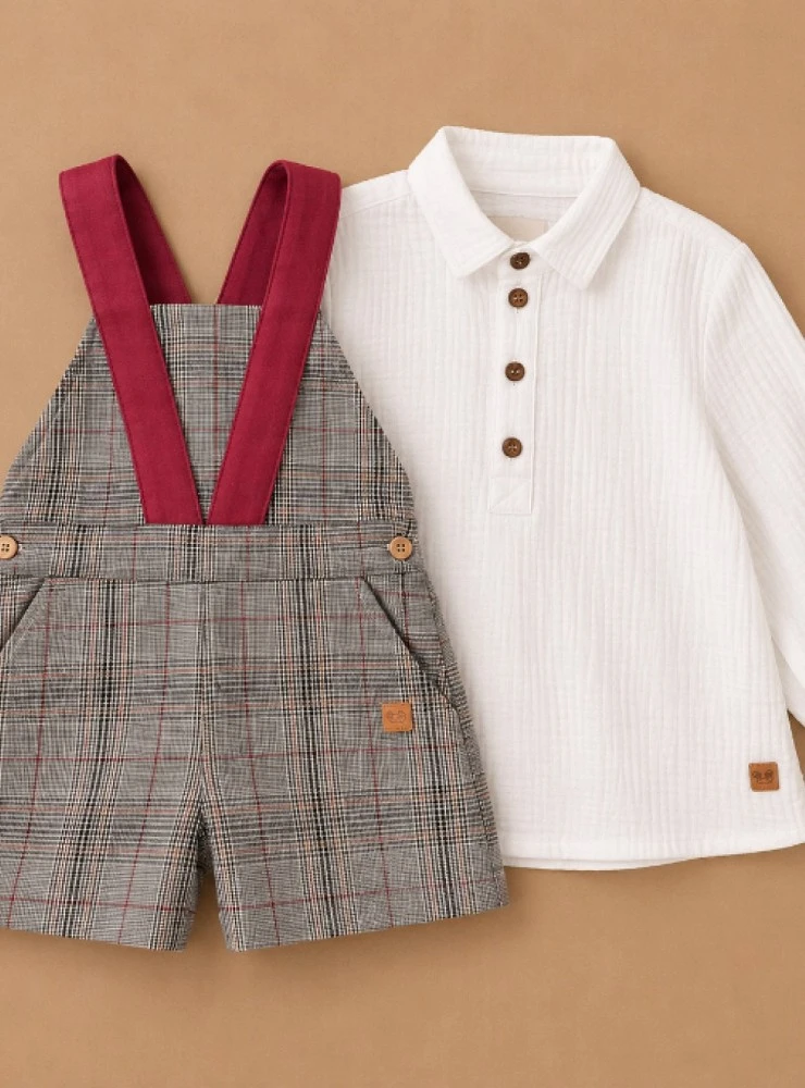 Rooster collection boy's outfit with plaid shirt and dungarees