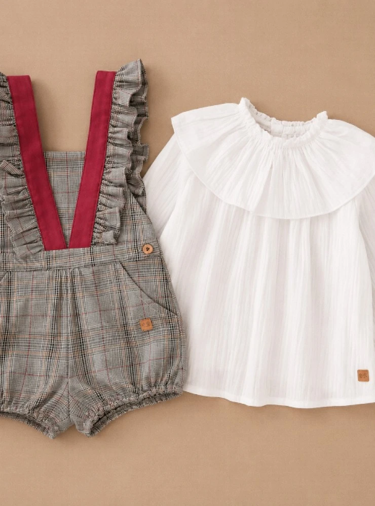 Rooster collection girl's outfit with ruffled collar blouse and romper
