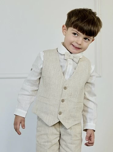 Sand-colored linen vest.